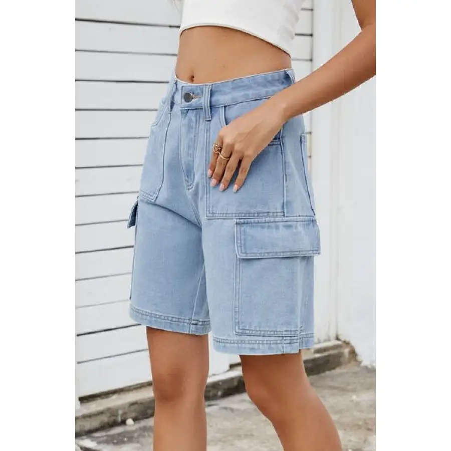 High Rise Pocketed Cargo Denim Shorts