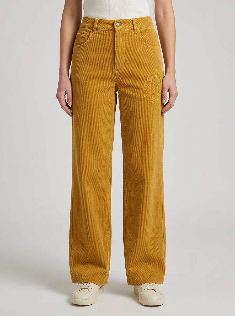 Women's Floral Lover Rose Embroidered Corduroy Pants