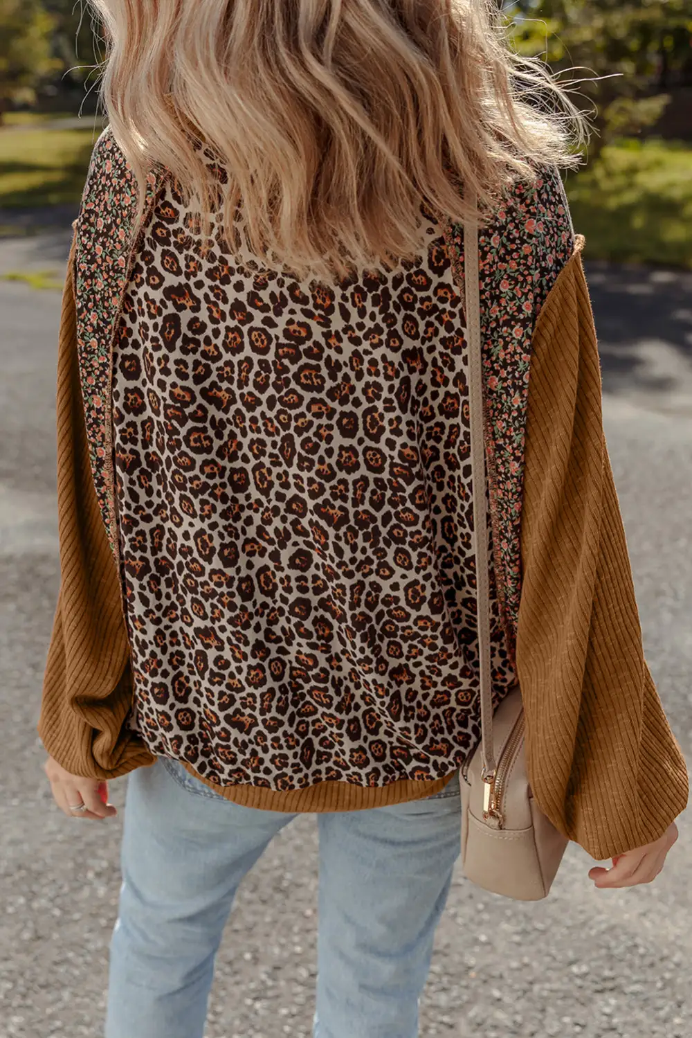 Women's Leopard Print Floral Print Ribbed Pullover Top