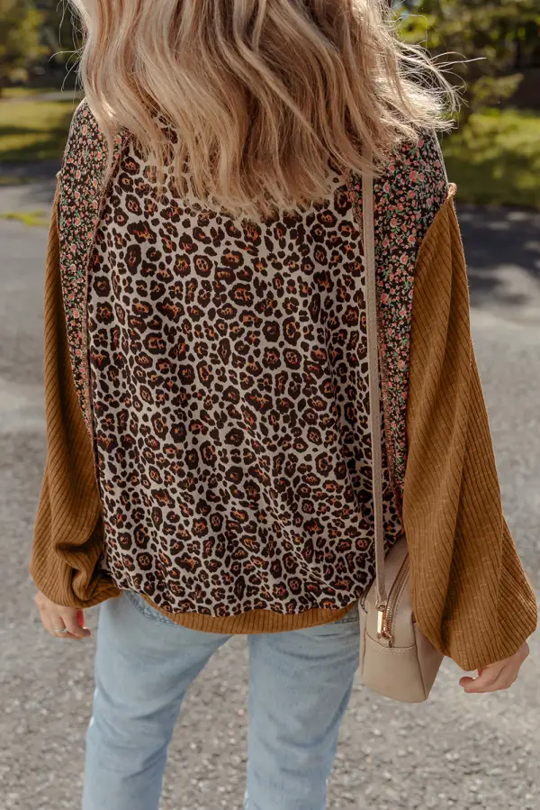 Women's Leopard Print Floral Print Ribbed Pullover Top