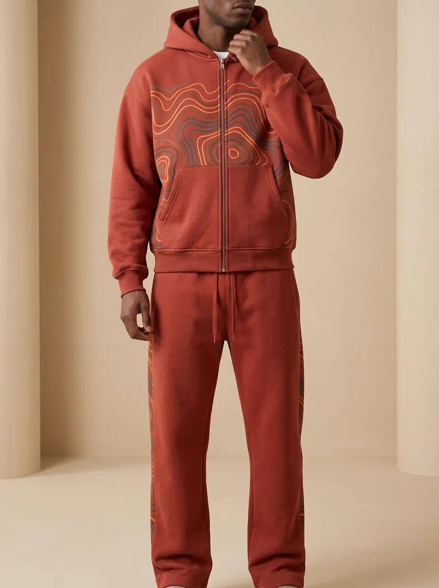 Men's Abstract Wave Pattern Printed Hooded Tracksuit Set