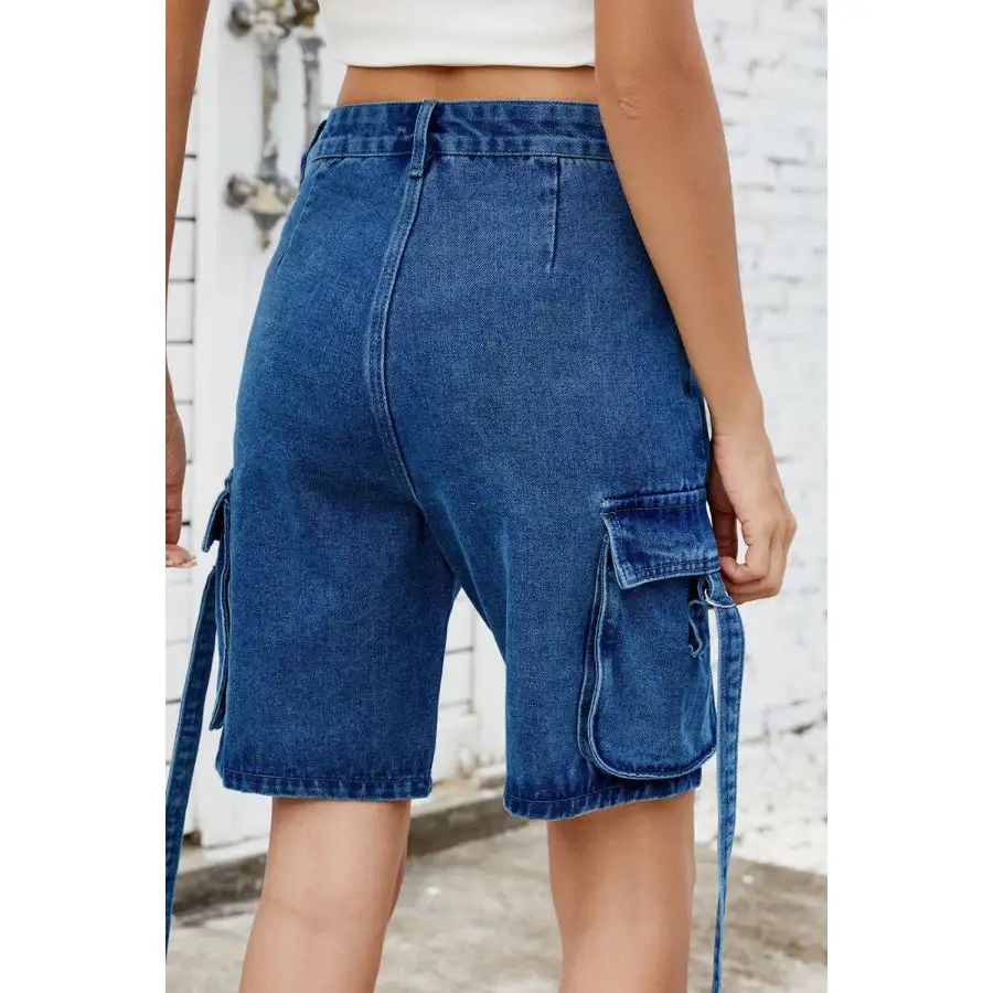 Pocketed Cargo Washed Denim Shorts