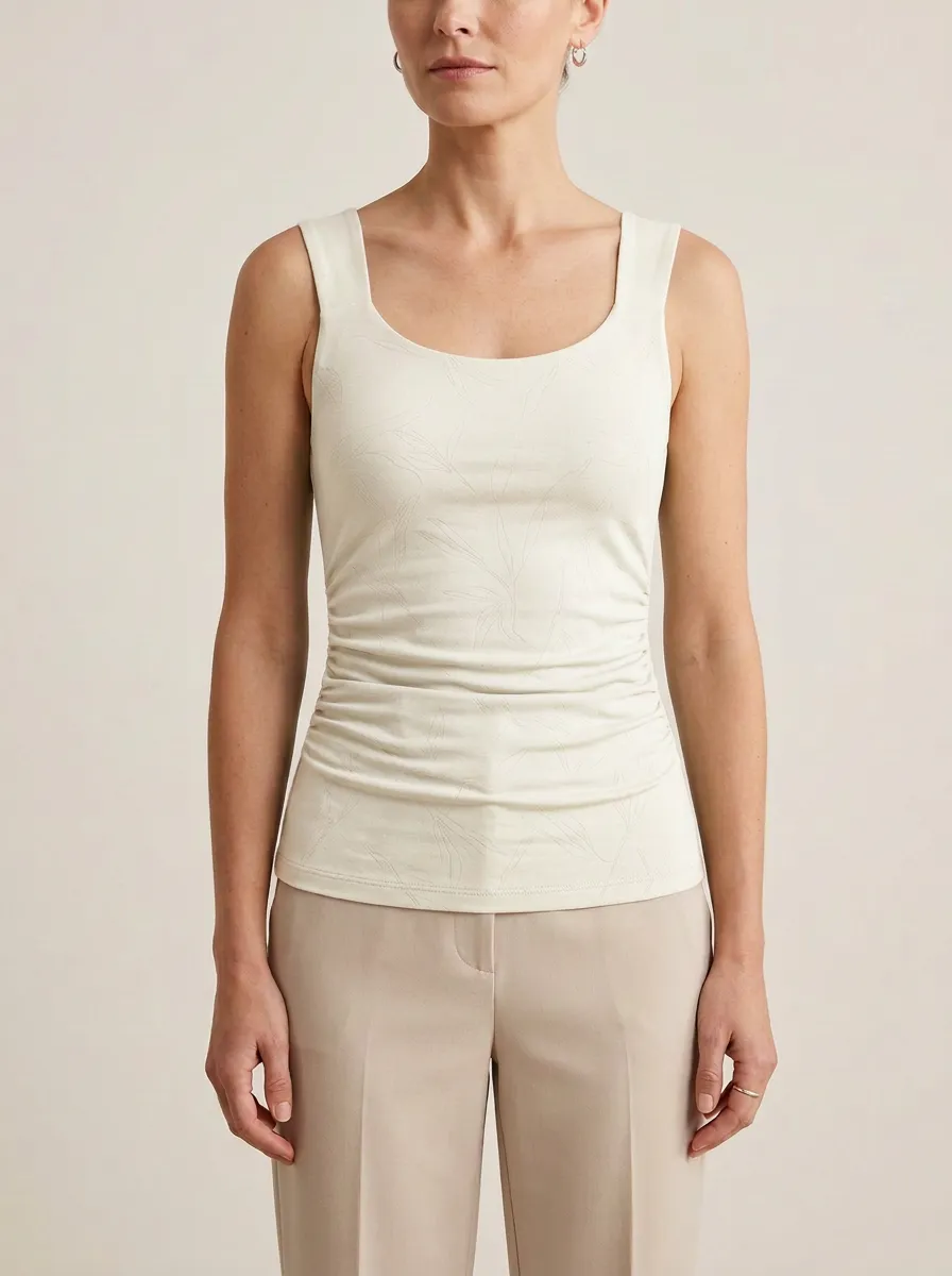 Ruched Botanical Leaf-Pattern Tank Top