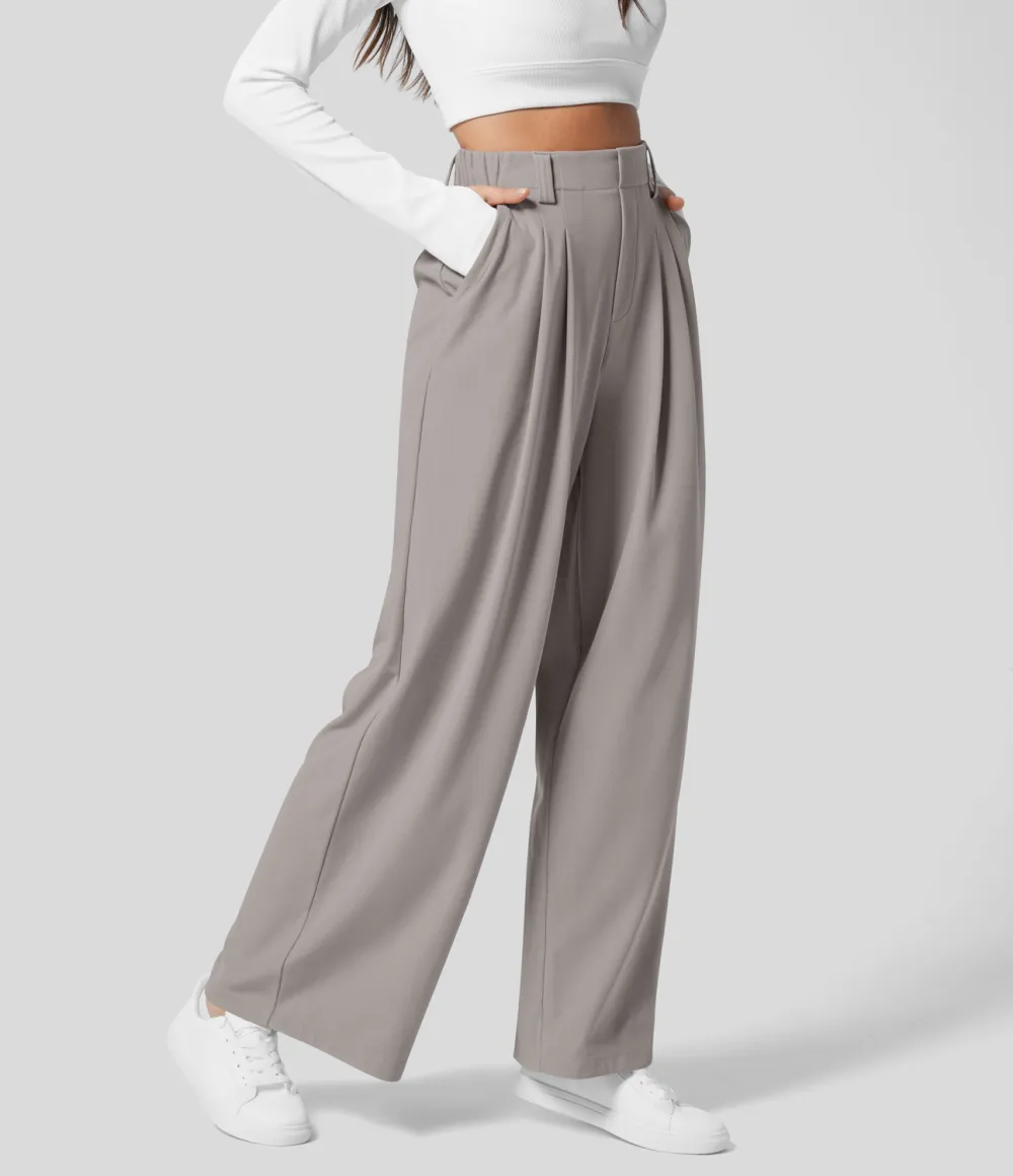 2026🔥  High Waisted Plicated Side Pocket Wide Leg Waffle Work Pants