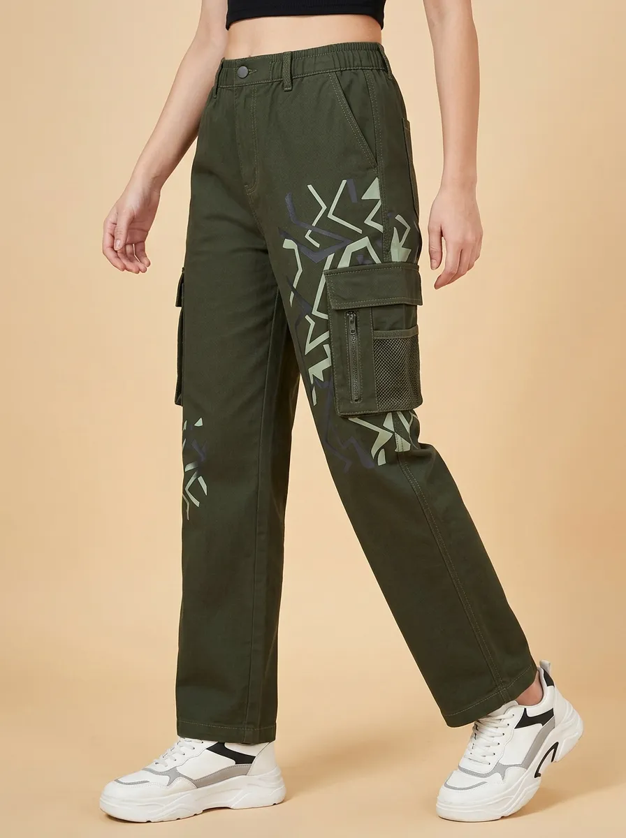 Women's Olive Green Urban Geometric Cargo Pants
