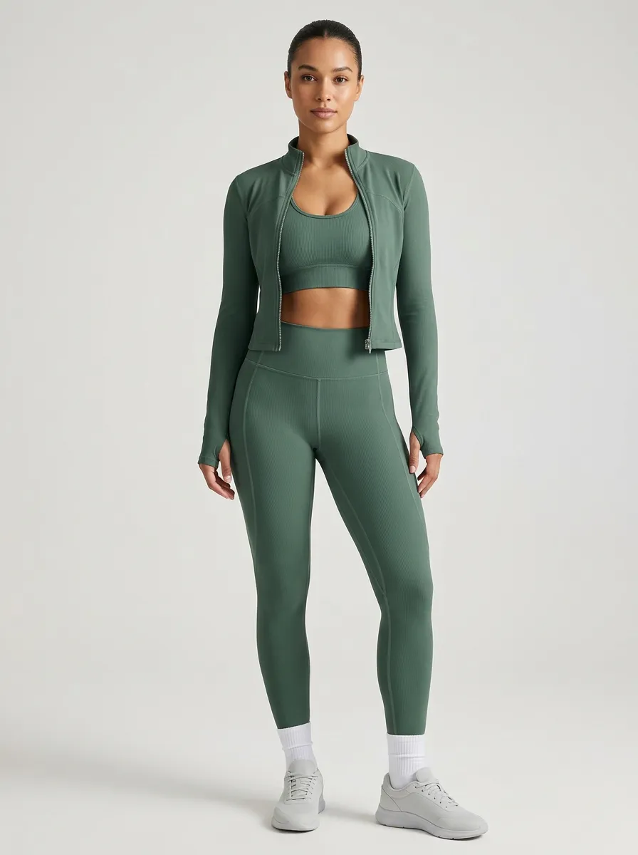 Performance-Inspired Ribbed Texture Seamless Design Shape Women's Three Piece Activewear Set