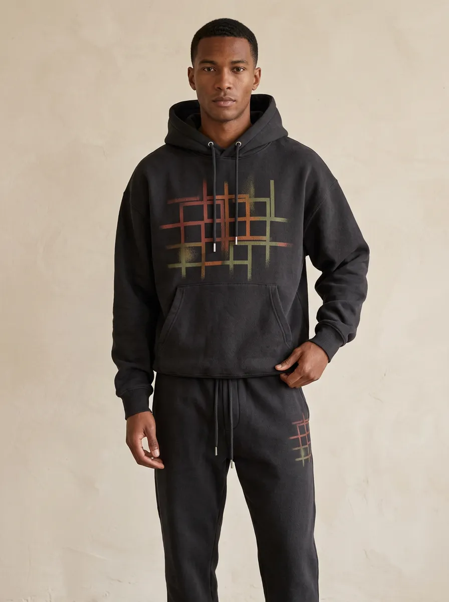 Men's Streetwear Abstract Grid Spray Painted Hoodie Jogger Set