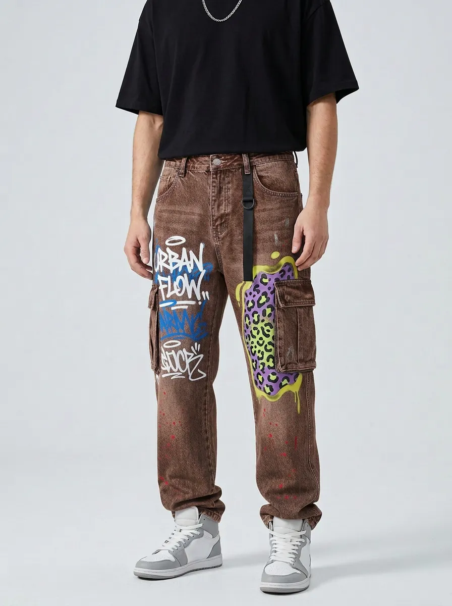 Men's Streetwear Urban Flow Graffiti Leopard Graphic Cargo Jeans