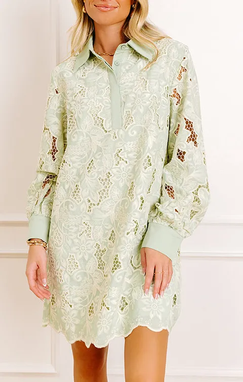 Embroidered Floral Collared Long Sleeve Relaxed Mini Dress