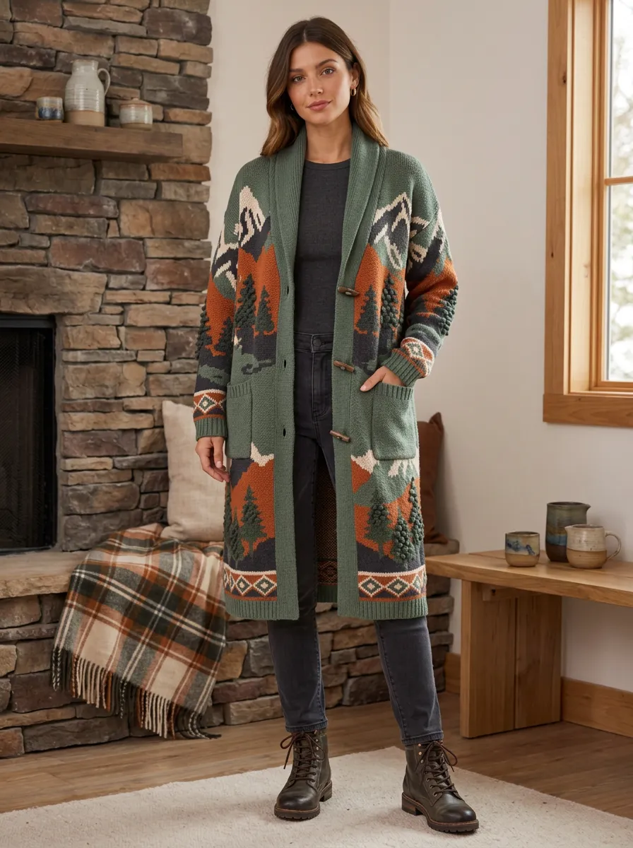 Women's Nature Lover Mountain Forest Patterned Knit Cardigan