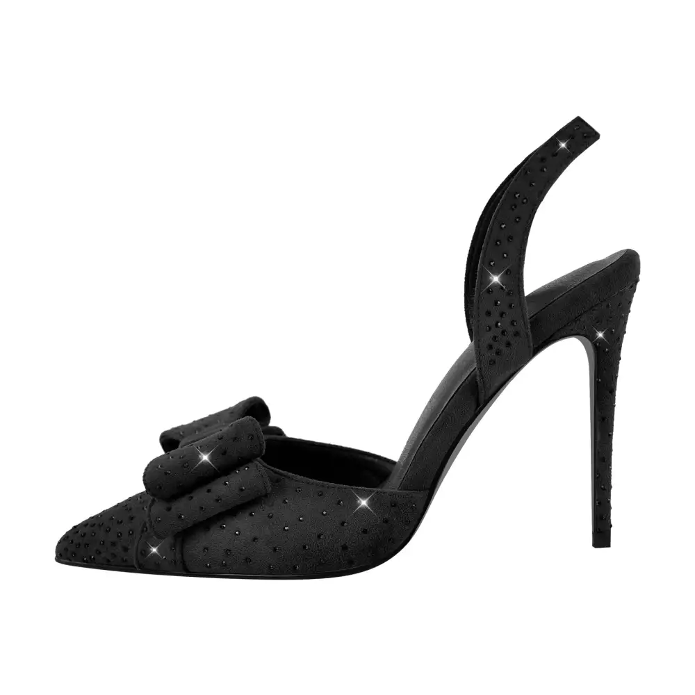 Suede Finish Rhinestone Pointed Toe Stiletto Slingback Pumps