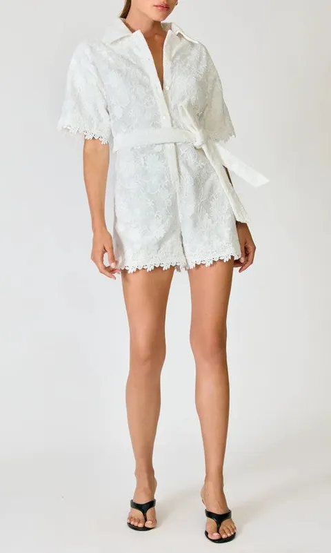 White Lace Trim Belted Romper