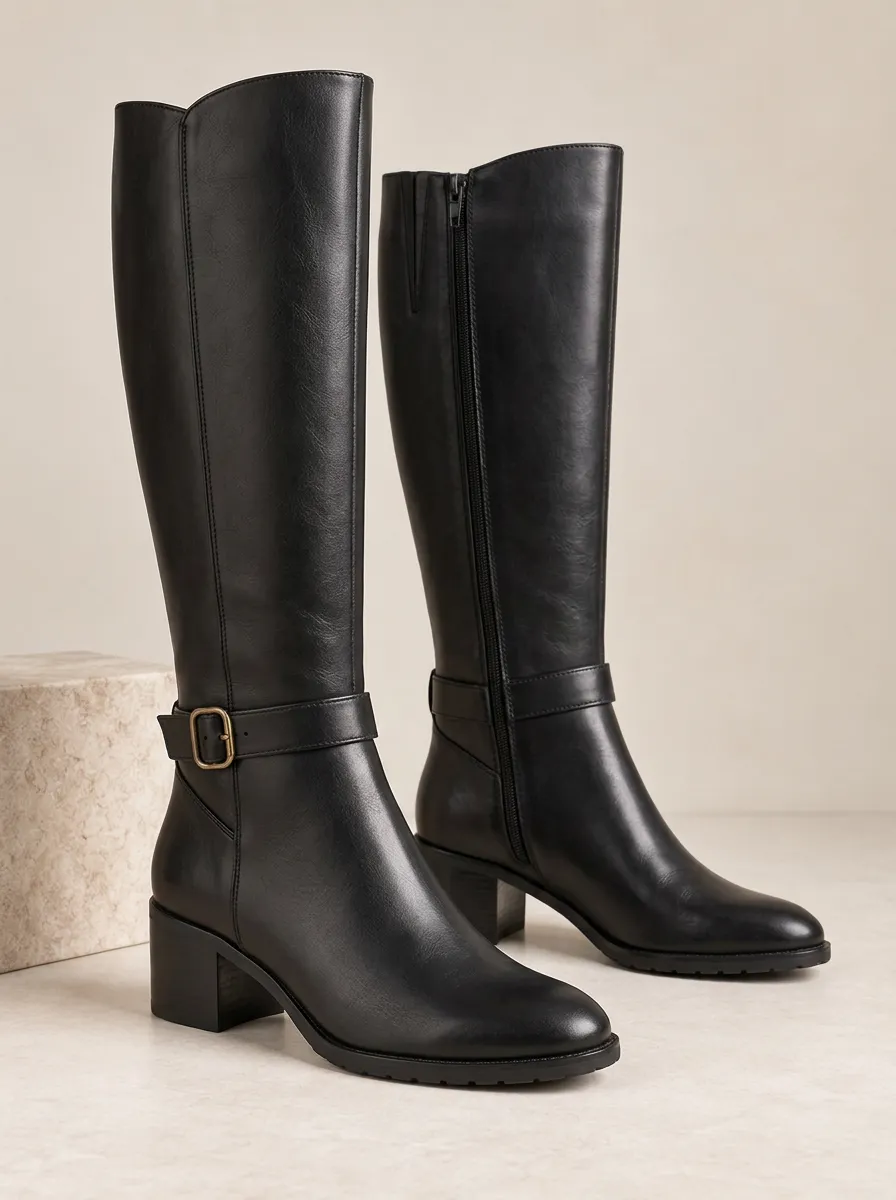 Women's Buckle Strap Graphic Detail Knee High Boots