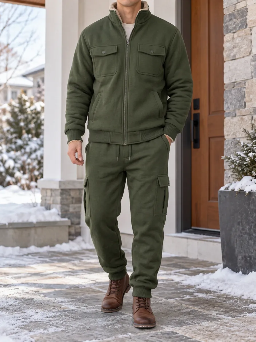 Men's Winter Fleece-Lined Jacket and Jogger Set with Cargo Pockets