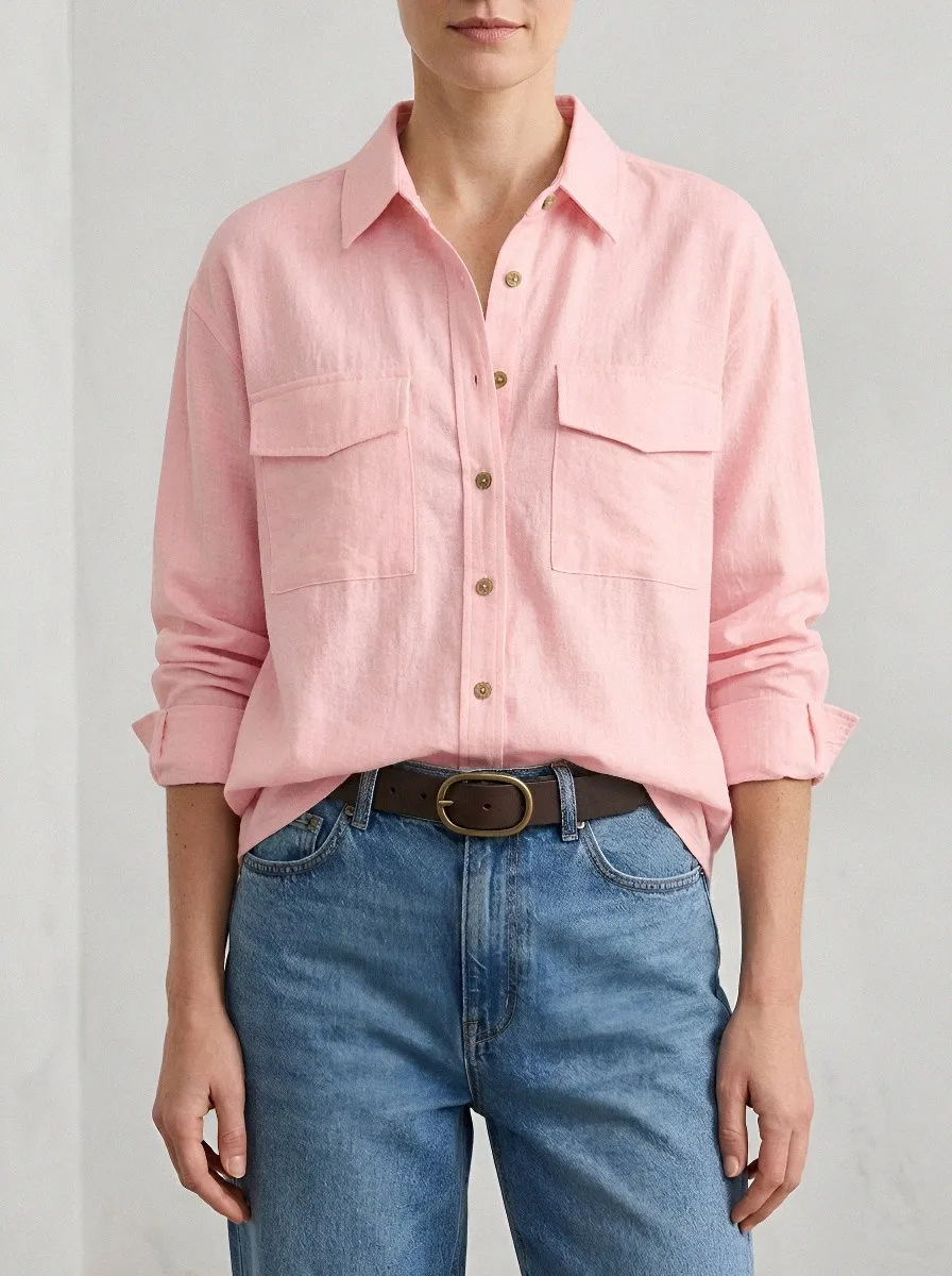 Women's Casual Minimalist Beige Button-Down Linen Pocket Shirt