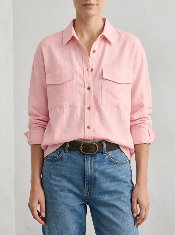 Women's Casual Minimalist Beige Button-Down Linen Pocket Shirt