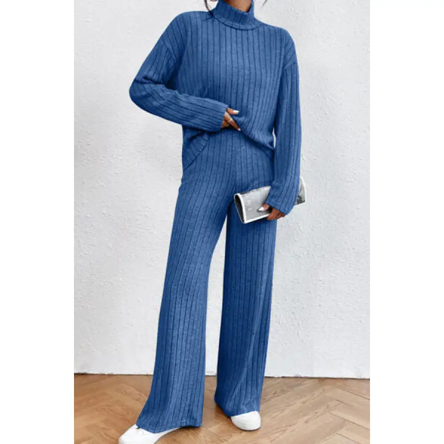 Mock Neck Dropped Shoulder Top and Pants Set