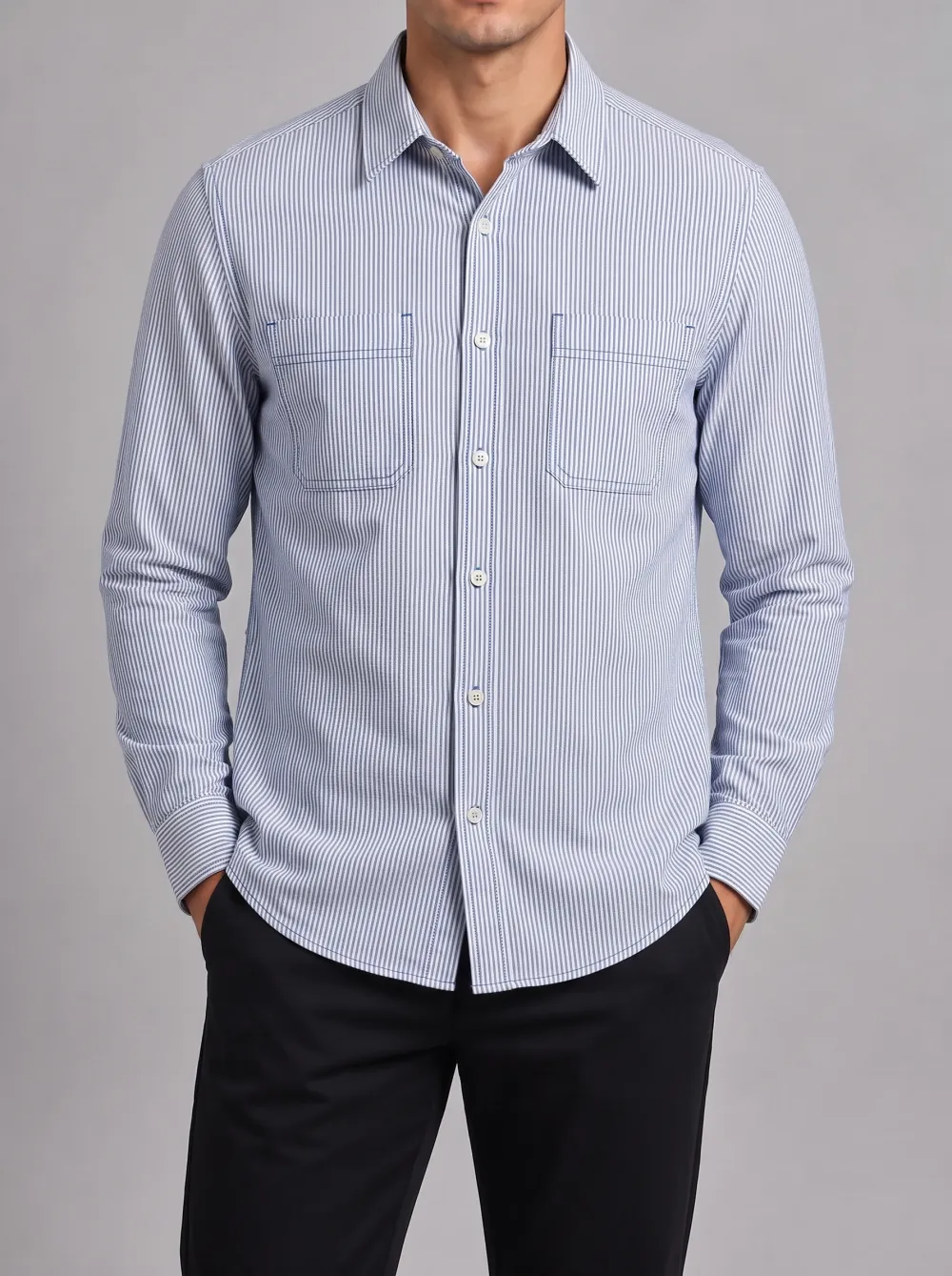 Men's Casual Business Blue Striped Printed Button-Down Shirt
