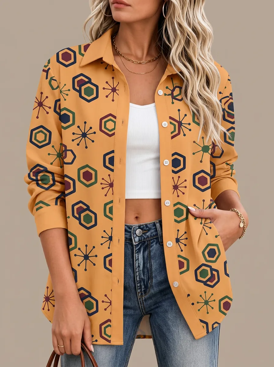 Women's Cropped Hexagon Point-Collar Long-Sleeve Button-Down Shirt