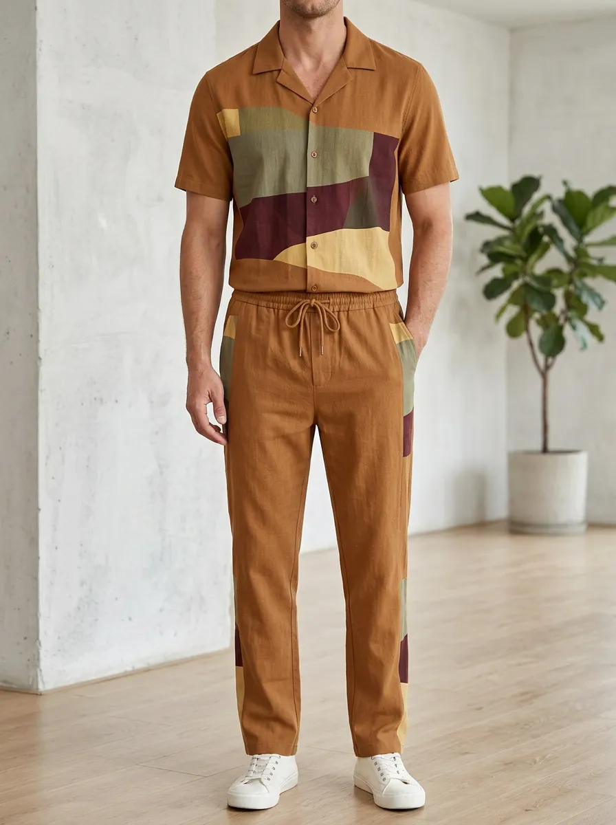 Men's Geometric Colorblock Printed Casual Lounge Set