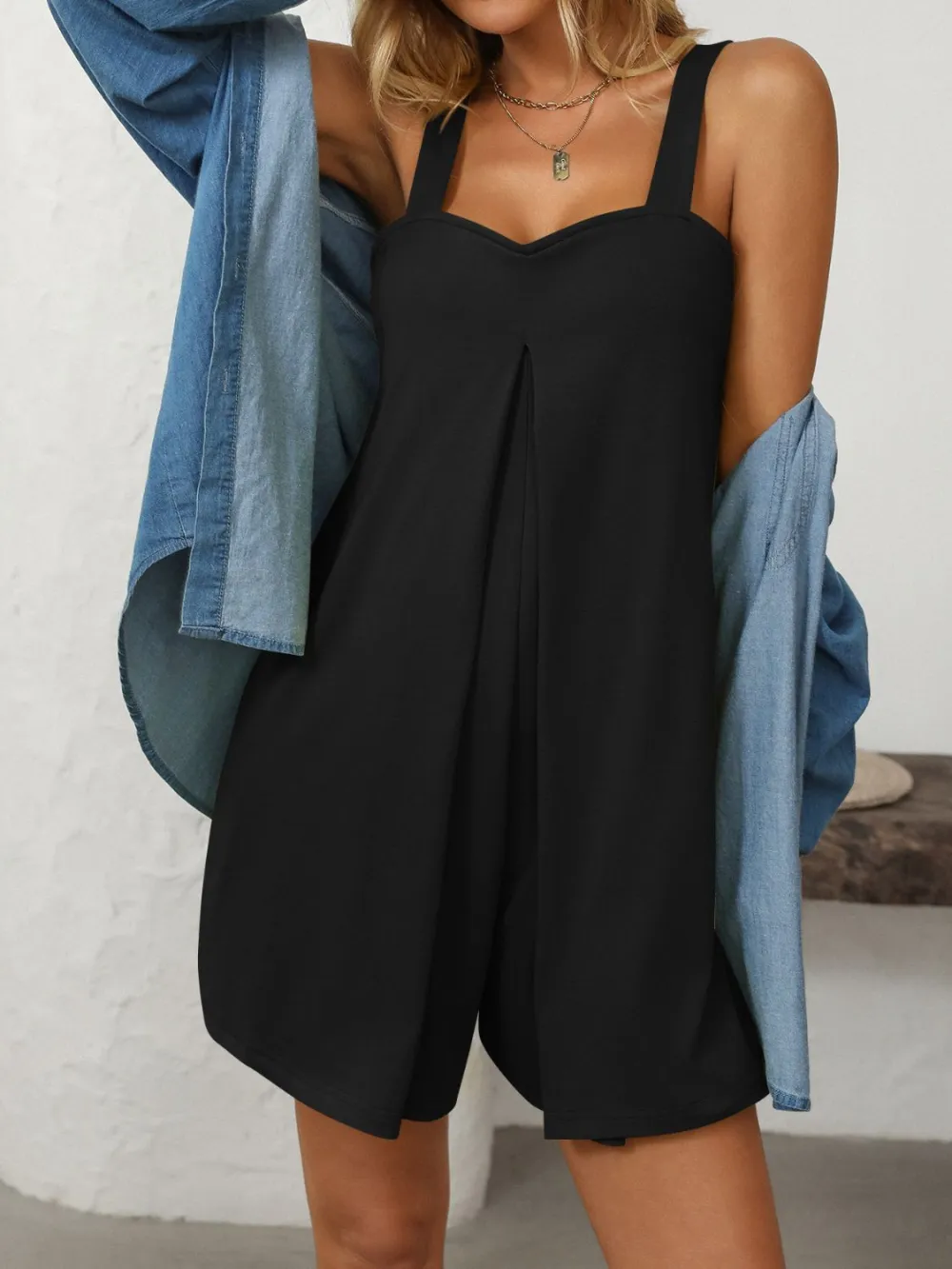 Sweetheart Neck Wide Strap Romper With Pockets