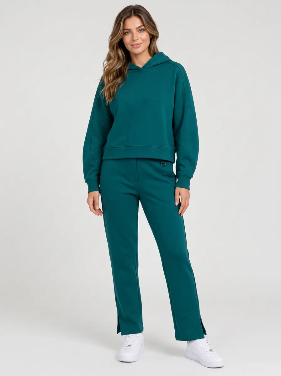Women's Casual Daily Wear Solid Dark Green Hoodie Sweatpants Set