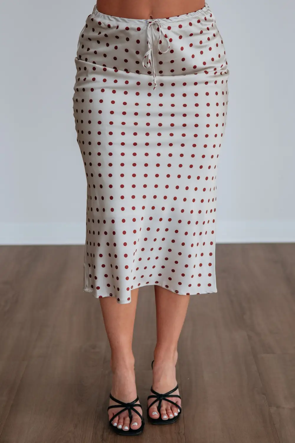 Polka Dot Satin Elastic Waist Midi Skirt