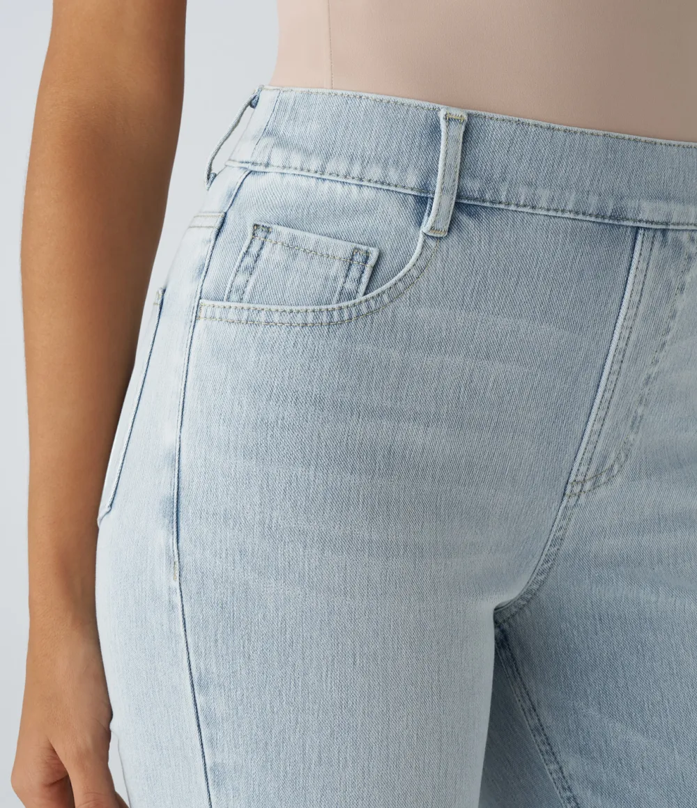 Magic High Waisted Multiple Pockets Straight Leg Washed Stretchy Knit Casual Jeans
