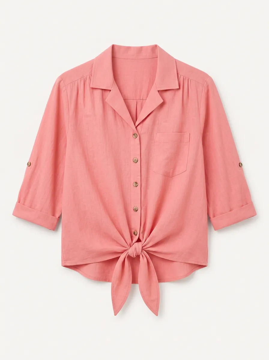 Women's Casual Pink Button Down Tie Front Roll Sleeve Shirt