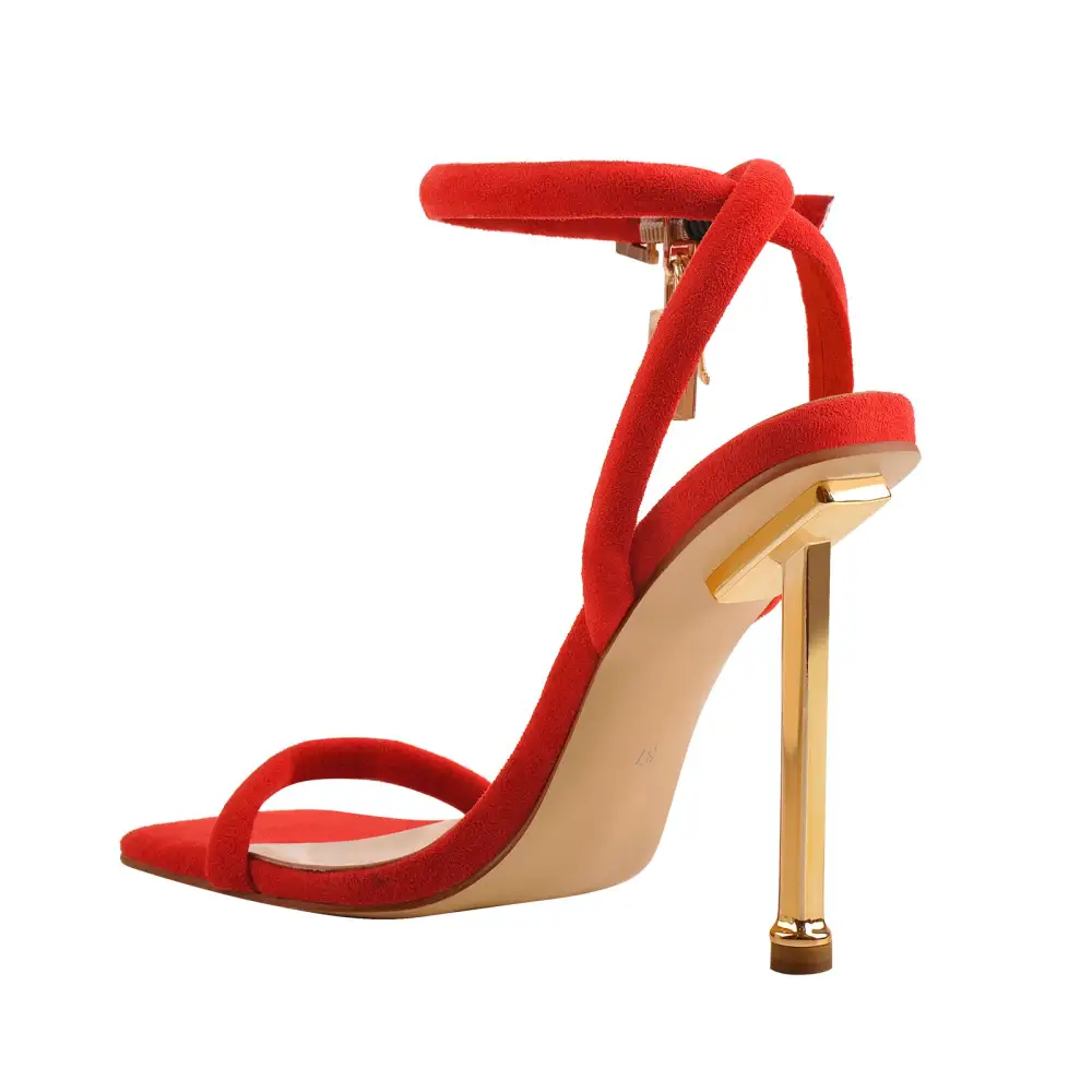 Suede Ankle Strap Square Toe Stiletto Metal Heel Sandals
