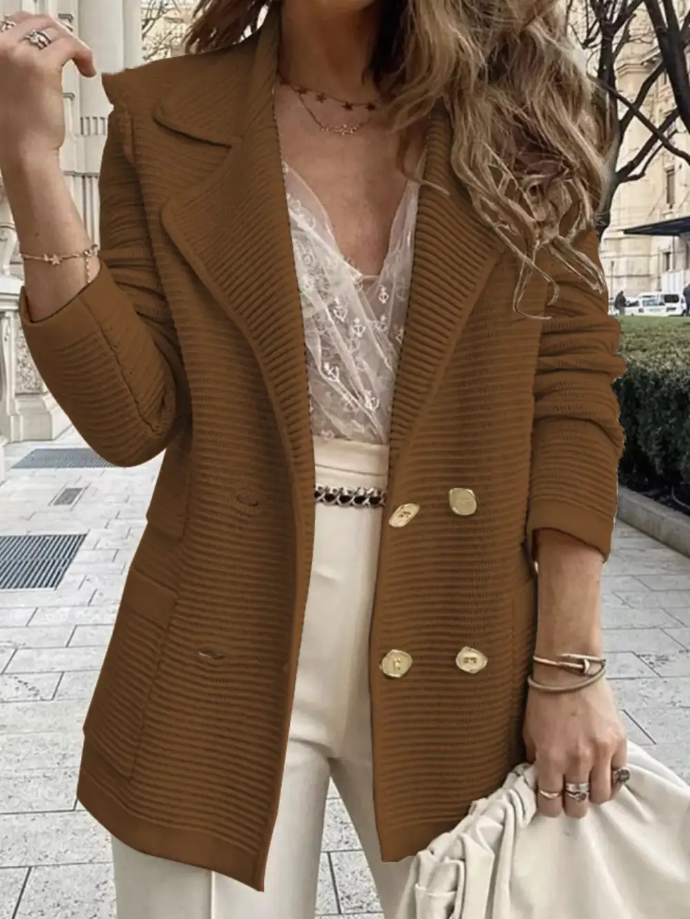 Double-Breasted Textured-Knit Blazer