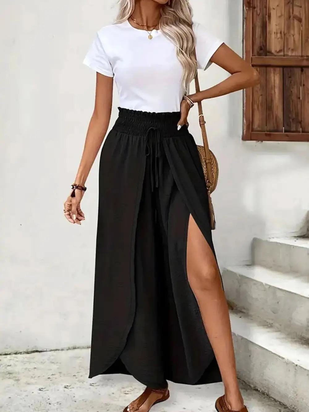 High Waist Slit Detail Smocked Waist Everyday Pants