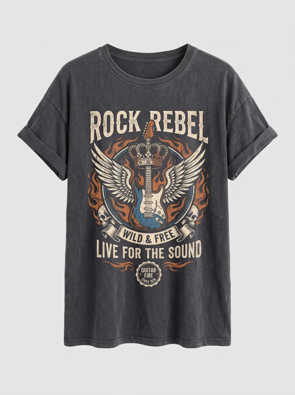 Unisex Rock Rebel Guitar Winged Crown Printed T-shirt