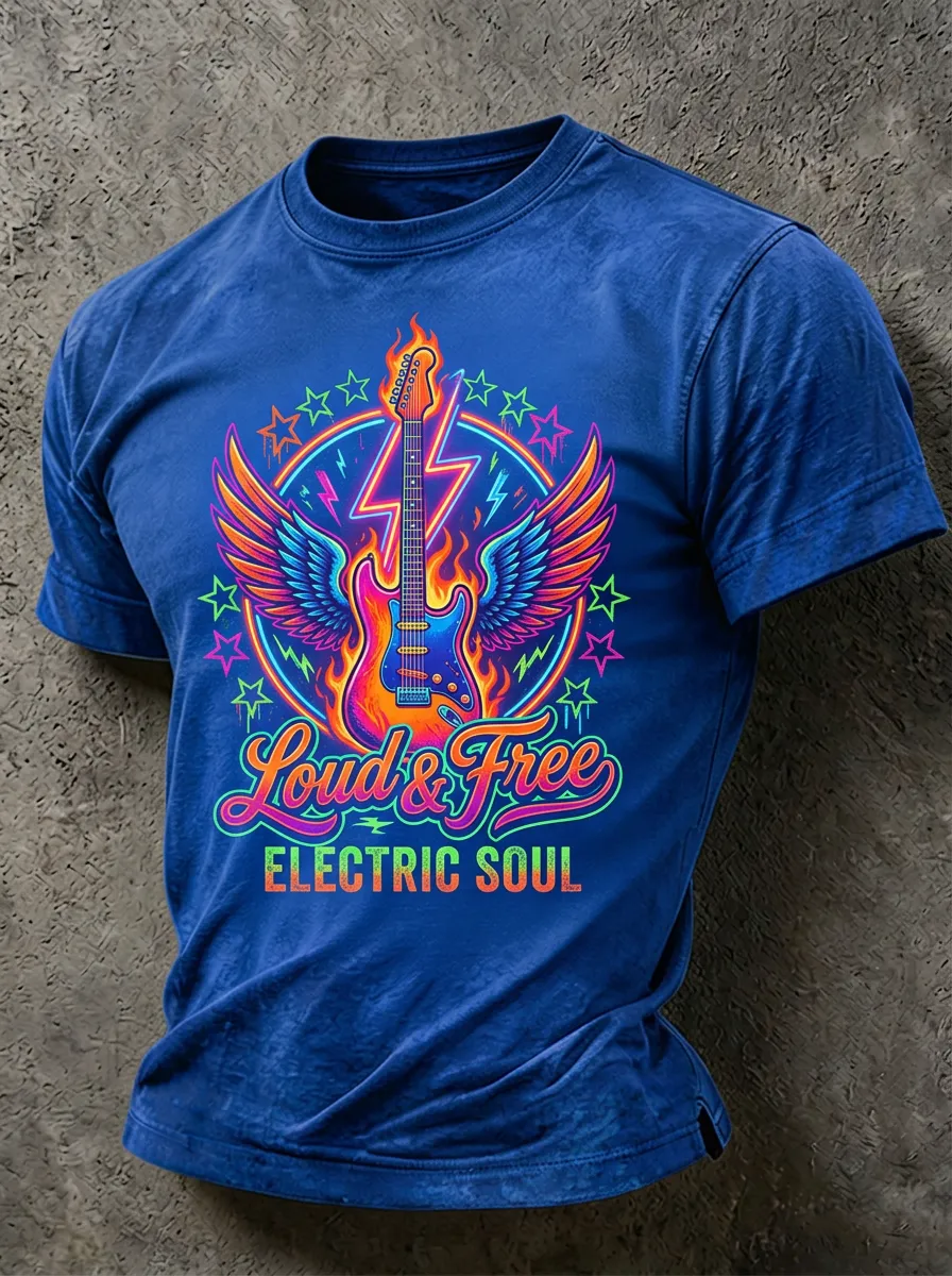 Unisex Rock Music Lover Flaming Guitar Wings Printed T-shirt