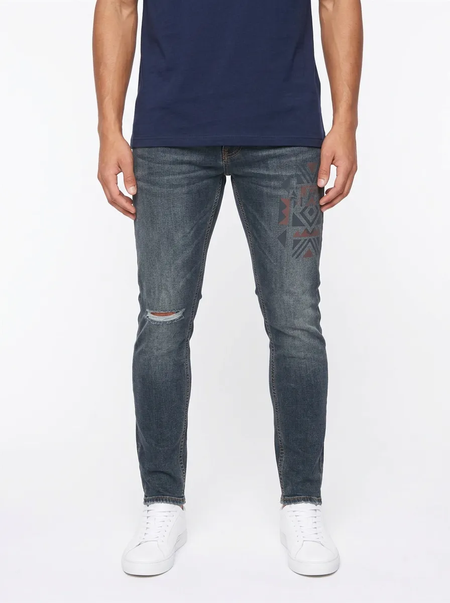 Men's Dark Wash Tribal Pattern Distressed Slim Fit Jeans