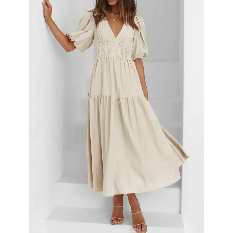 Neck V-Neck Puff Sleeve Midi Dress