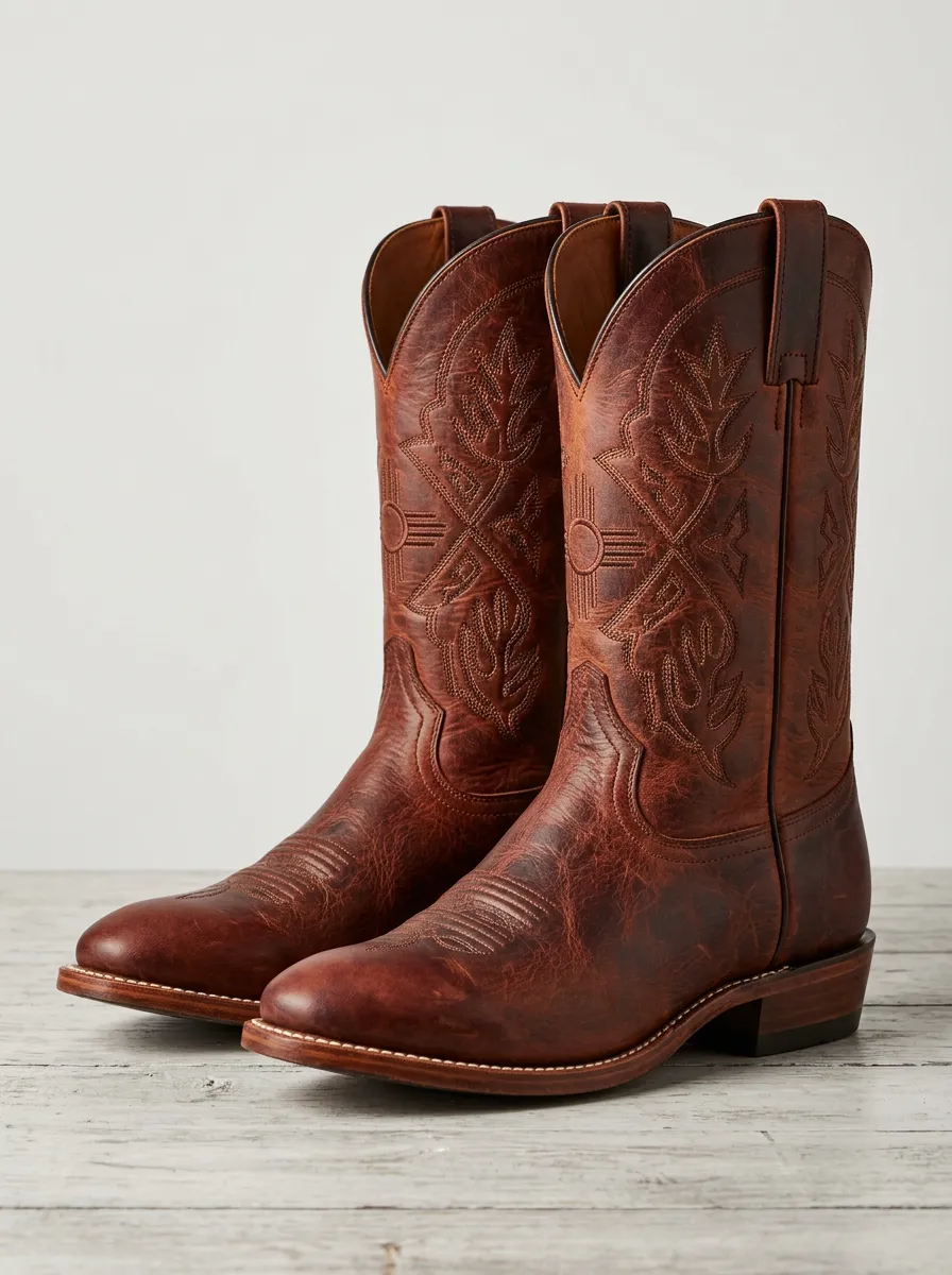Unisex Western Cowboy Zia Symbol Embossed Leather Western Boots