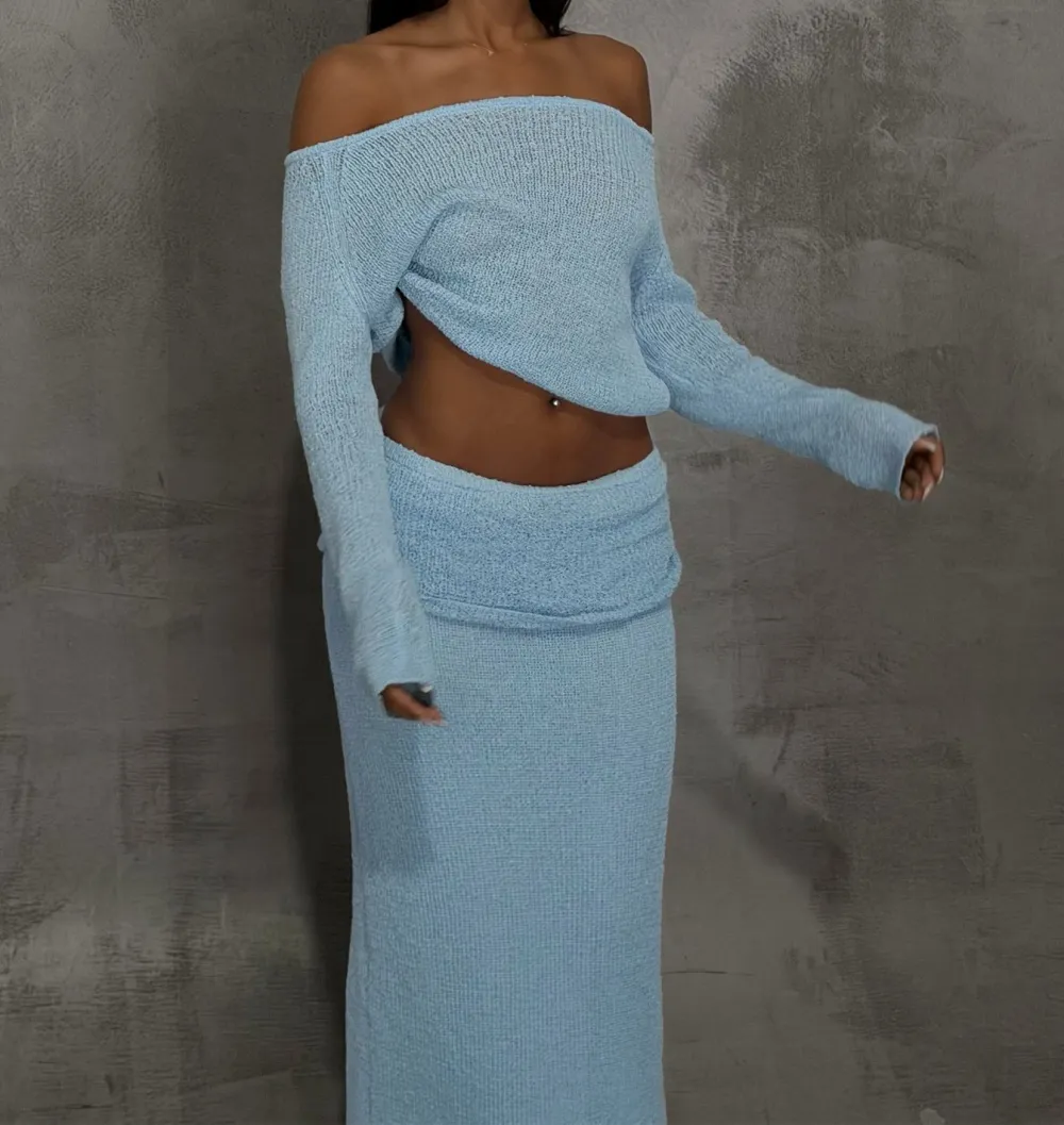 Blue Wide Neck Knit Sweater