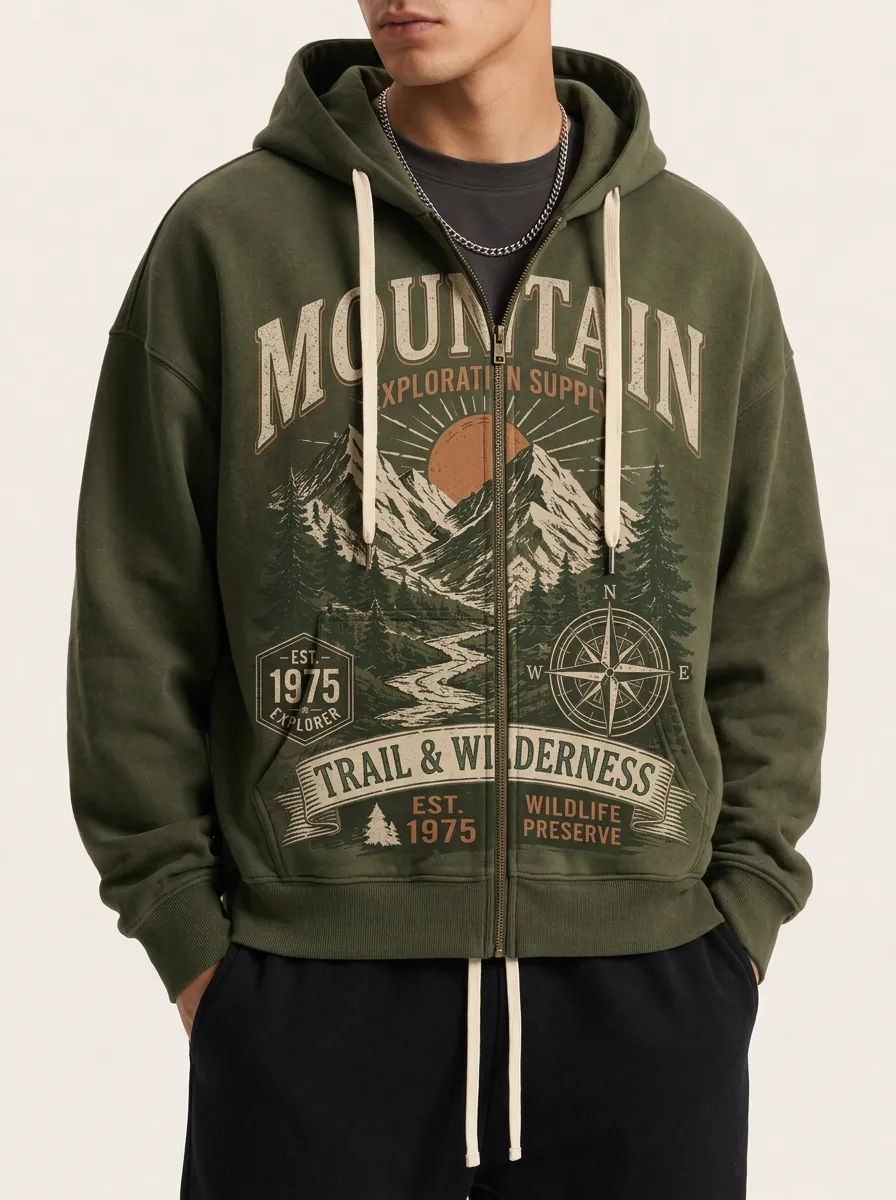 Men's Mountain Explorer Wilderness Compass Printed Zip Hoodie