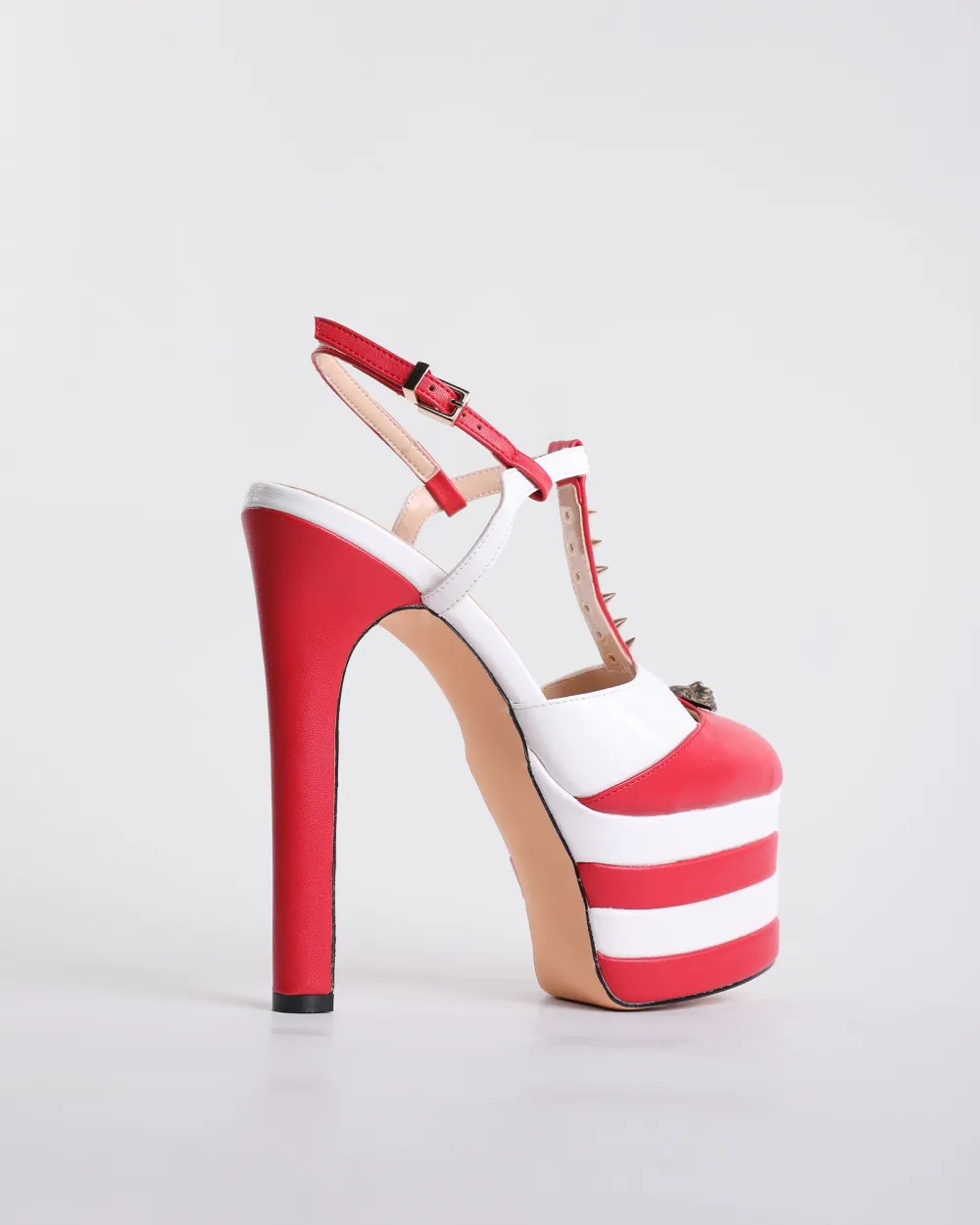 Vintage Stripe Rivet Strap Platform Heels in Red