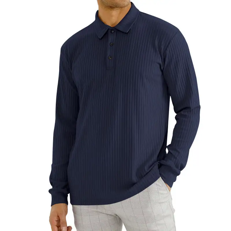 Ribbed Elastic Hem Long Sleeve Polo Shirt