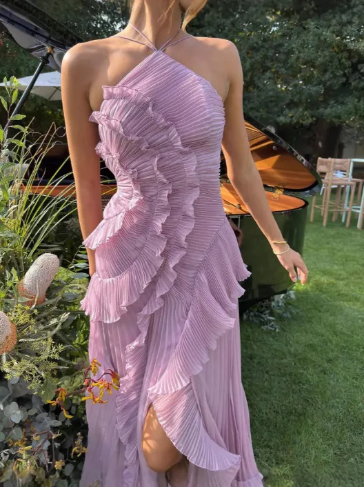  Halter Pleated Maxi Dress