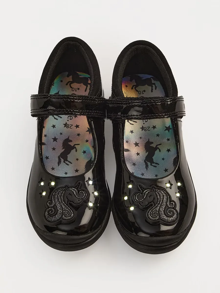 Black Unicorn Light Up Patent Mary Jane School Shoes