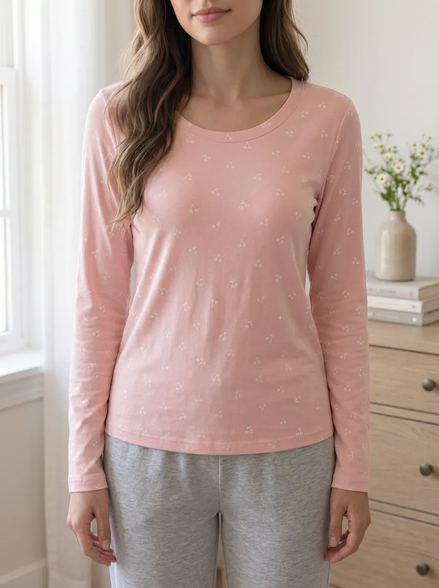 Women's Sweet Style Pink Cherry Printed Long Sleeve T-shirt