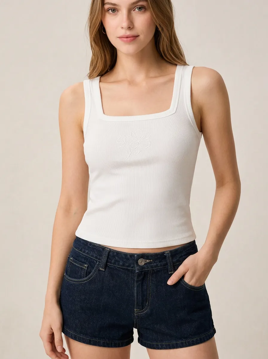 Women's Floral Minimalist Embroidered Ribbed Square Neck Tank Top