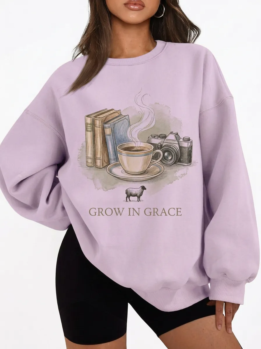 Women's Christian Book Coffee Camera Sheep Graphic Sweatshirt