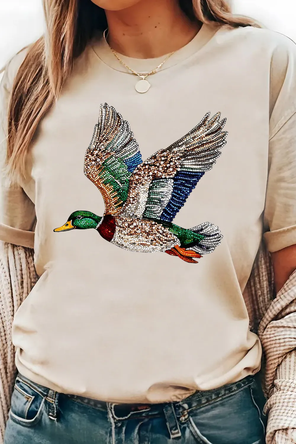 Khaki Flying Mallard Print Crew Tee