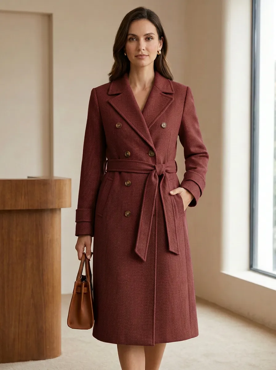 Women's Classic Herringbone Pattern Belted Wool Coat