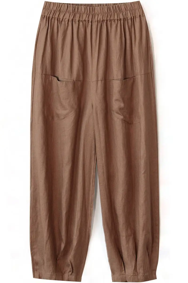 Modern Linen Cotton Wide Leg Cropped Elastic Waist Pocketed Trousers
