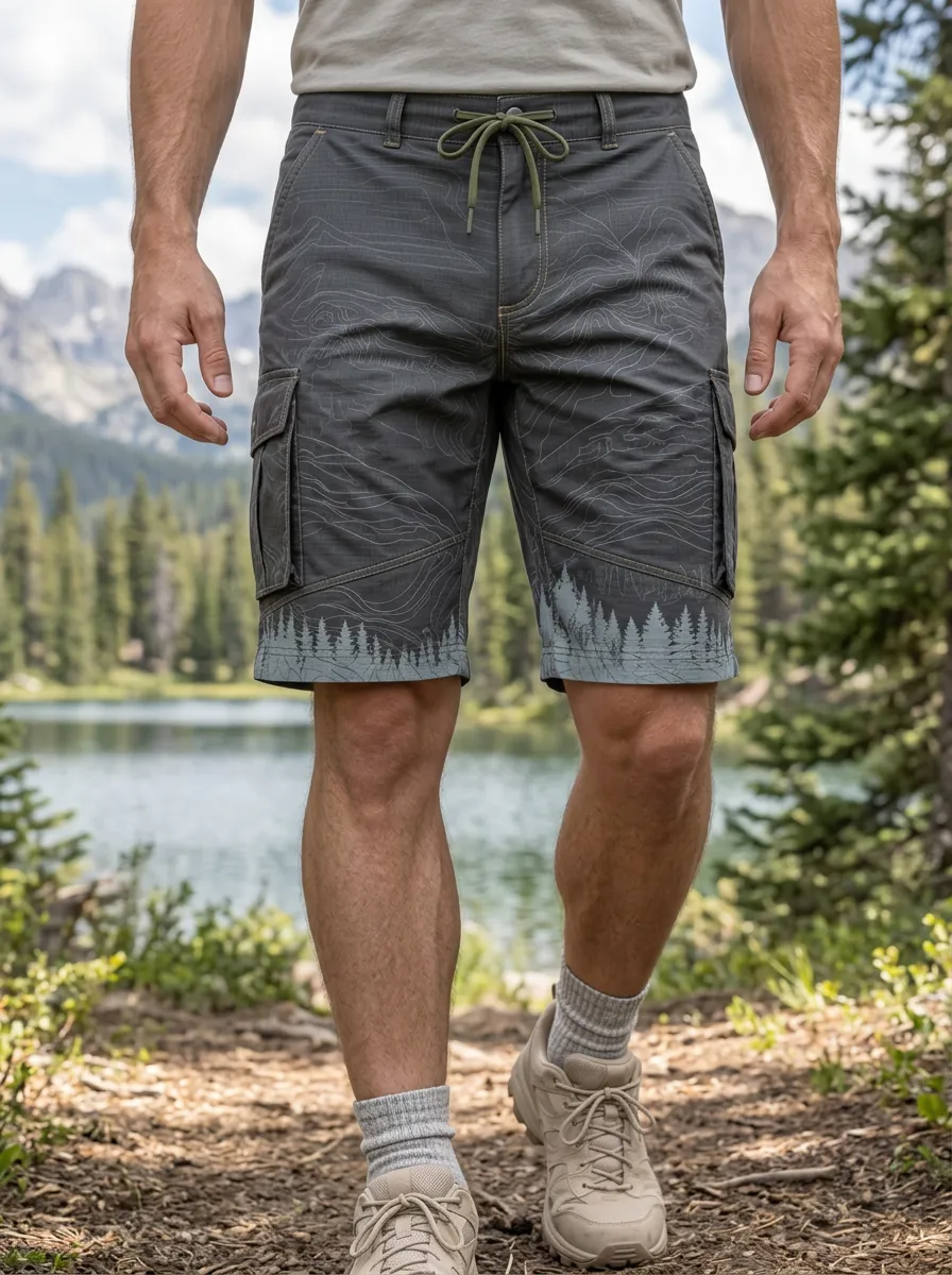 Men's Outdoor Hiking Topographic Forest Cargo Shorts